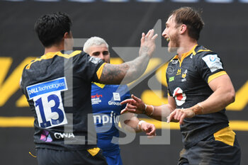 2021-04-03 - Wasps wing Josh Bassett (11) celebrates after his try during the European Rugby Champions Cup, round of 16, rugby union match between Wasps and ASM Clermont Auvergne on April 3, 2021 at the Ricoh Arena in Coventry, England - Photo Dennis Goodwin / ProSportsImages / DPPI - WASPS VS ASM CLERMONT AUVERGNE - CHAMPIONS CUP - RUGBY