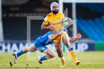 2021-04-10 - Tom O?Flaherty of Exeter Chiefs tackled by Hugo Keenan of Leinster during the Heineken Champions Cup Rugby match between Exeter Chiefs and Leinster Rugby at Sandy Park, Exeter, United Kingdom on 10 April 2021. - EXETER CHIEFS VS LEINSTER RUGBY - CHAMPIONS CUP - RUGBY
