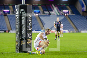 2020-11-30 - Stewart Moore (12) of Ulster Rugby scores the opening try during the Guinness Pro 14 rugby union match between Edinburgh Rugby and Ulster Rugby on November 30, 2020 at BT Murrayfield stadium in Edinburgh, Scotland - Photo Malcolm Mackenzie / ProSportsImages / DPPI - EDINBURGH RUGBY VS ULSTER RUGBY - GUINNESS PRO 14 - RUGBY