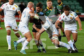 2020-09-04 - Northampton Saints fullback George Furbank (15) is tackled by Exeter Chiefs hooker Jack Yeandle (2) and Exeter Chiefs back row Dave Dennis (4) during the English championship, Gallagher Premiership Rugby Union match between Northampton Saints and Exeter Chiefs on September 4, 2020 at Franklins Gardens in Northampton, England - Photo Dennis Goodwin / ProSportsImages / DPPI - NORTHAMPTON SAINTS VS EXETER CHIEFS - PREMERSHIP RUGBY UNION - RUGBY