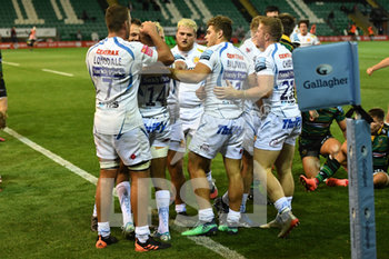 2020-09-04 - The Exeter Chiefs players celebrate Exeter Chiefs wing Tom O'Flaherty (14) try during the English championship, Gallagher Premiership Rugby Union match between Northampton Saints and Exeter Chiefs on September 4, 2020 at Franklins Gardens in Northampton, England - Photo Dennis Goodwin / ProSportsImages / DPPI - NORTHAMPTON SAINTS VS EXETER CHIEFS - PREMERSHIP RUGBY UNION - RUGBY