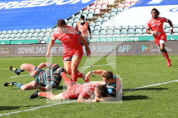 2020-09-05 - AJ Macginty of Sale Sharks scores a try during the English championship Gallagher Premiership Rugby Union match between Leicester Tigers and Sale Sharks on September 5, 2020 at Welford Road Stadium in Leicester, England - Photo Jez Tighe / ProSportsImages / DPPI - LEICESTER TIGERS VS SALE SHARKS - PREMERSHIP RUGBY UNION - RUGBY