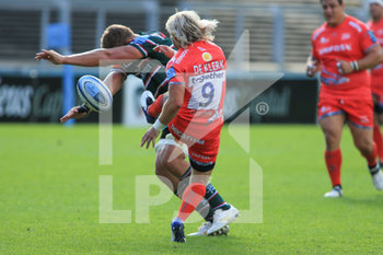 2020-09-05 - Leicester Tigers Liebenberg charges down the ball as Faf De Klerk of Sale Sharks makes a kick during the English championship Gallagher Premiership Rugby Union match between Leicester Tigers and Sale Sharks on September 5, 2020 at Welford Road Stadium in Leicester, England - Photo Jez Tighe / ProSportsImages / DPPI - LEICESTER TIGERS VS SALE SHARKS - PREMERSHIP RUGBY UNION - RUGBY