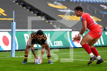 2020-09-09 - Wasps wing Zach Kibirige (14) scores a try during the English championship Gallagher Premiership Rugby Union match between Wasps and Leicester Tigers on September 9, 2020 at the Ricoh Arena in Coventry, England - Photo Dennis Goodwin / ProSportsImages / DPPI - WASPS VS LEICESTER TIGERS - PREMERSHIP RUGBY UNION - RUGBY