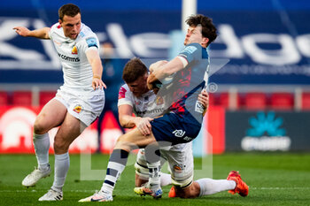 2021-04-23 - Piers O'Conor of Bristol Rugby is tackled by Jacques Vermeulen of Exeter Chiefs during the English championship Gallagher Premiership Rugby Union match between Bristol Rugby and Exeter Chiefs on April 23, 2021 at Ashton Gate in Bristol, England - Photo Simon King / ProSportsImages / DPPI - BRISTOL RUGBY VS EXETER CHIEFS - PREMERSHIP RUGBY UNION - RUGBY