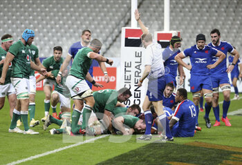 2020-10-31 - Cian Healy of Ireland scores a try during the Guinness Six Nations 2020, rugby union match between France and Ireland on October 31, 2020 at Stade de France in Saint-Denis near Paris, France - Photo Jean Catuffe / DPPI - FRANCE VS IRELAND 2020 - SIX NATIONS - RUGBY