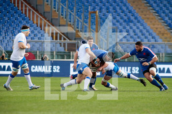 2021-02-06 - Dylan Cretin (France) is tackled by Luca Bigi and Michele Lamaro (Italy) during the 2021 Six Nations championship rugby union match between Italy and France on January 6, 2021 at Stadio Olimpico in Rome, Italy - Photo Nderim Kaceli / DPPI - 2021 SIX NATIONS RUGBY - ITALY VS FRANCE - SIX NATIONS - RUGBY