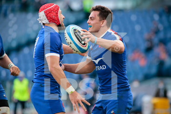 2021-02-06 - Arthur Vincent (France) celebrates after his try with Gabin Villiere during the 2021 Six Nations championship rugby union match between Italy and France on January 6, 2021 at Stadio Olimpico in Rome, Italy - Photo Nderim Kaceli / DPPI - 2021 SIX NATIONS RUGBY - ITALY VS FRANCE - SIX NATIONS - RUGBY