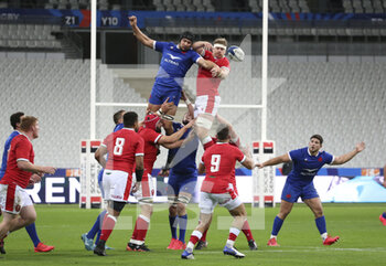 2020-10-24 - Francois Cros of France, Aaron Wainwright of Wales during the 2020 International Rugby Union Test Match between France and Wales on October 24, 2020 at Stade de France in Saint-Denis near Paris, France - Photo Jean Catuffe / DPPI - FRANCE VS WALES - TEST MATCH - RUGBY