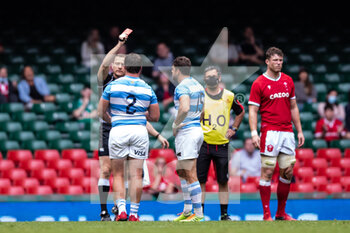 2021-07-10 - Todays referee, Matthew Carley shows the red card to Juan Cruz Mallia of Argentina during the 2021 Summer Internationals, Rugby Union test match between Wales and Argentina on July 10, 2021 at Principality Stadium in Cardiff, Wales - Photo Simon King / ProSportsImages / DPPI - TEST MATCH 2021 - WALES VS ARGENTINA - TEST MATCH - RUGBY