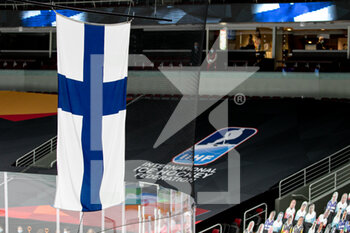 2021-05-29 - Finnish Flag during National anthem  - WORLD CHAMPIONSHIP 2021 - GERMANY VS FINLAND - ICE HOCKEY - WINTER SPORTS