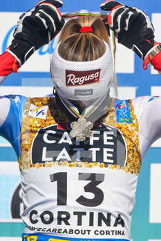 2021-02-13 - Suisse’s Lara Gut-Behrami is wearing her Bronze medal on the podium - 2021 FIS ALPINE WORLD SKI CHAMPIONSHIPS - DOWNHILL - WOMEN - ALPINE SKIING - WINTER SPORTS