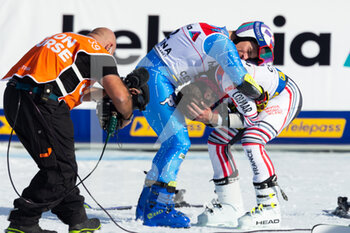 2021-02-19 - Luca De Aliprandini (ITA) and Mathieu Faivre (FRA) celebrate after the race - 2021 FIS ALPINE WORLD SKI CHAMPIONSHIPS - GIANT SLALOM - MEN - ALPINE SKIING - WINTER SPORTS