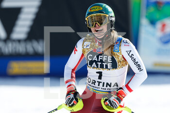 2021-02-20 - Katharina Liensberger (AUT) celebrates after finishing in 1st position and wins the gold medal in Slalom - 2021 FIS ALPINE WORLD SKI CHAMPIONSHIPS - SLALOM - WOMEN - ALPINE SKIING - WINTER SPORTS