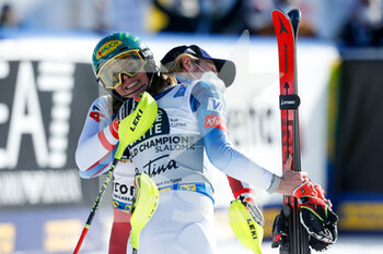2021-02-20 - Katharina Liensberger (AUT) and Mikaela Shiffrin (USA) celebration - 2021 FIS ALPINE WORLD SKI CHAMPIONSHIPS - SLALOM - WOMEN - ALPINE SKIING - WINTER SPORTS