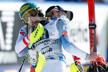 2021-02-20 - Katharina Liensberger (AUT) and Mikaela Shiffrin (USA) celebration - 2021 FIS ALPINE WORLD SKI CHAMPIONSHIPS - SLALOM - WOMEN - ALPINE SKIING - WINTER SPORTS