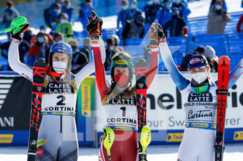 2021-02-20 - The podium: Petra Vlhova (SVK), Katharina Liensberger (AUT) and Mikaela Shiffrin (USA) - 2021 FIS ALPINE WORLD SKI CHAMPIONSHIPS - SLALOM - WOMEN - ALPINE SKIING - WINTER SPORTS