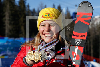 2021-02-20 - Katharina Liensberger (AUT) with her three medals in this World Championships - 2021 FIS ALPINE WORLD SKI CHAMPIONSHIPS - SLALOM - WOMEN - ALPINE SKIING - WINTER SPORTS