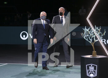 2020-11-08 - President of French Tennis Federation FFT Bernard Giudicelli and Director of the Rolex Paris Masters Guy Forget during the trophy ceremony of the men's final on day 7 of the Rolex Paris Masters 2020, ATP Masters 1000 on November 8, 2020 at AccorHotels Arena in Paris, France - Photo Juan Soliz / DPPI - ROLEX PARIS MASTERS 2020, ATP MASTERS 1000 - MEN'S FINAL - INTERNATIONALS - TENNIS