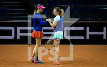 2021-04-23 - Anna-Lena Friedsam and Mona Barthel of Germany playing doubles at the 2021 Porsche Tennis Grand Prix, WTA 500 tournament on April 23, 2021 at Porsche Arena in Stuttgart, Germany - Photo Rob Prange / Spain DPPI / DPPI - 2021 PORSCHE TENNIS GRAND PRIX, WTA 500 TOURNAMENT - INTERNATIONALS - TENNIS