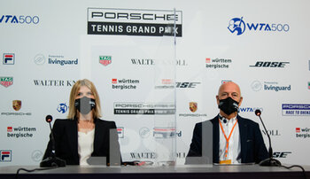 2021-04-25 - Anke Huber and Markus Guenthardt during the pre-final press conference of the 2021 Porsche Tennis Grand Prix, WTA 500 tournament on April 25, 2021 at Porsche Arena in Stuttgart, Germany - Photo Rob Prange / Spain DPPI / DPPI - 2021 PORSCHE TENNIS GRAND PRIX, WTA 500 TOURNAMENT - INTERNATIONALS - TENNIS